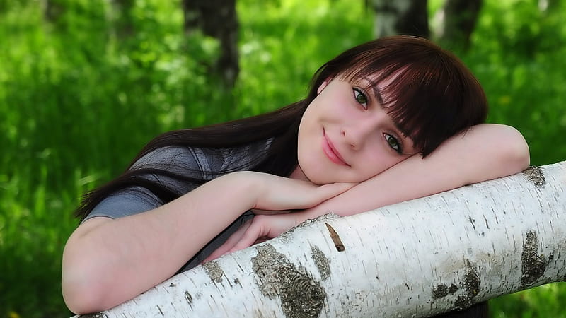 birch, forest, face, smile, girl, nature, HD wallpaper