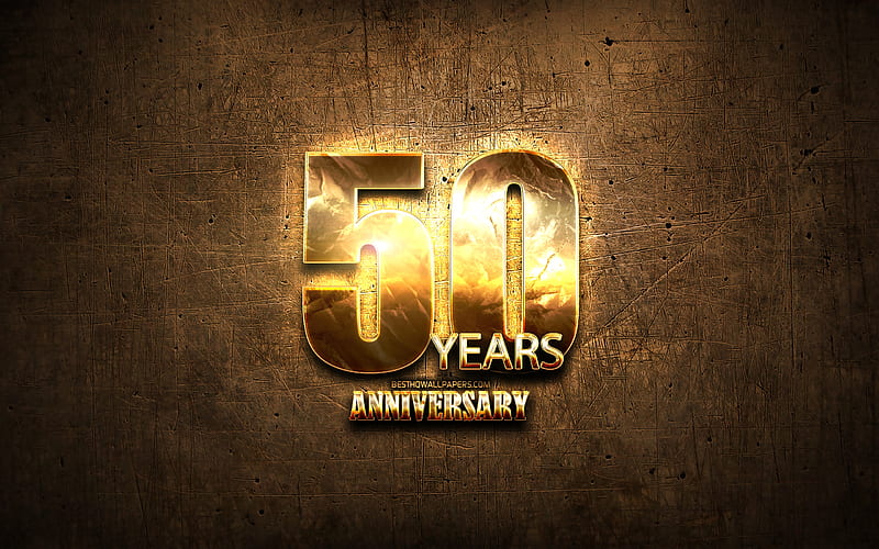 50 Years Anniversary, golden signs, anniversary concepts, brown metal background, 50th anniversary, creative, Golden 50th anniversary sign, HD wallpaper