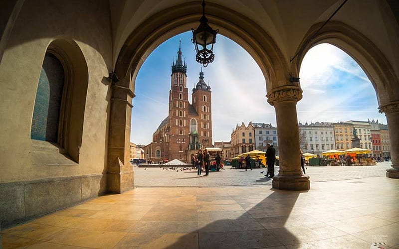 Krakow, Poland, Poland, Krakow, marketplace, church, HD wallpaper