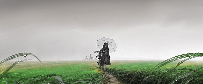 Anime, Girl, Cat, rain, Umbrella, HD wallpaper