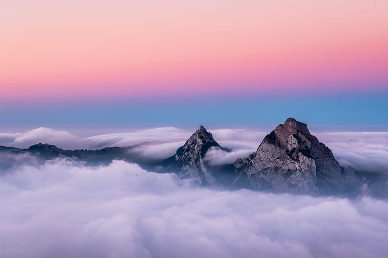 Twin Peaks Mountains In Clouds , mountains, clouds, nature, HD wallpaper