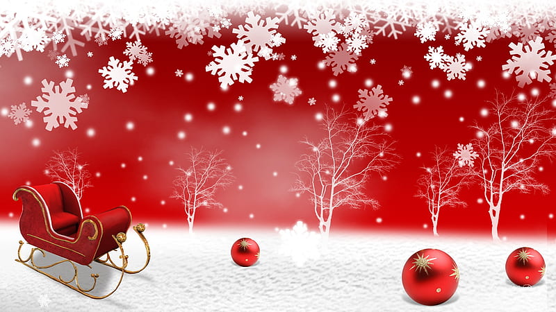 Snowflakes on Red, sleigh, feliz navidad, christmas, firefox persona, trees, xmas, red christmas balls, snow, snowflakes, HD wallpaper