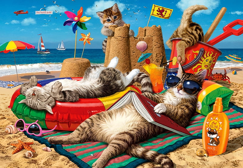 Cats on the beach, colorful, beach, fantasy, luminos, summer, funny, cat, pisici, HD wallpaper
