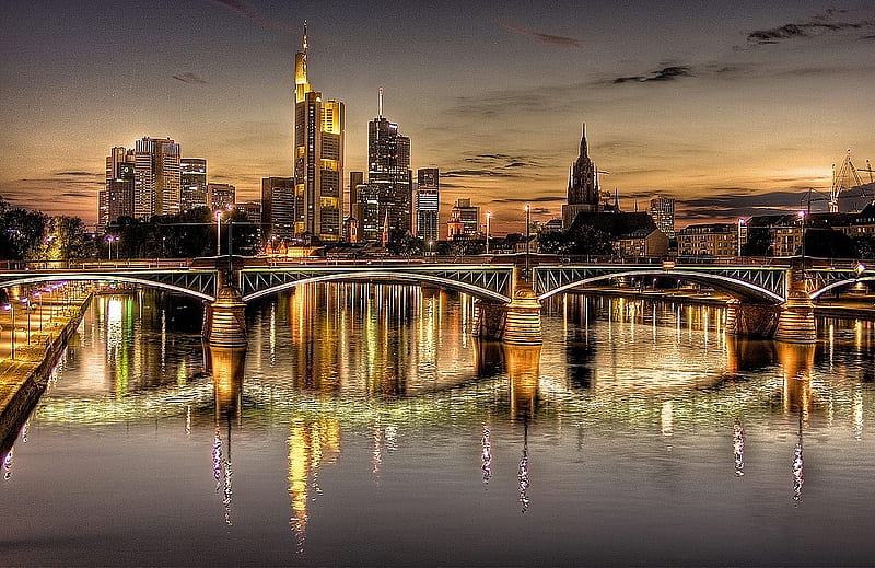 Germany night, colors, bonito, church, city, water, splendor, bridge, r, river, light, night, HD wallpaper