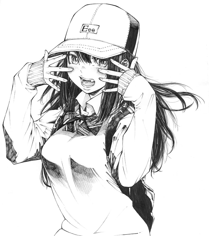 Gagaimo, school uniform, anime, monochrome, open mouth, vampires, boobs, hat, women with hats, simple background, long hair, drawing, anime girls, HD phone wallpaper