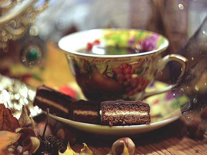 Good Morning, tea cup, still life, cookies, autumn, bokeh, acorns, nut, tea, HD wallpaper