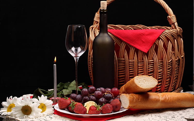 Picnic For My Lady, Fruit, Wine, Basket, Bread, Flowers, HD wallpaper