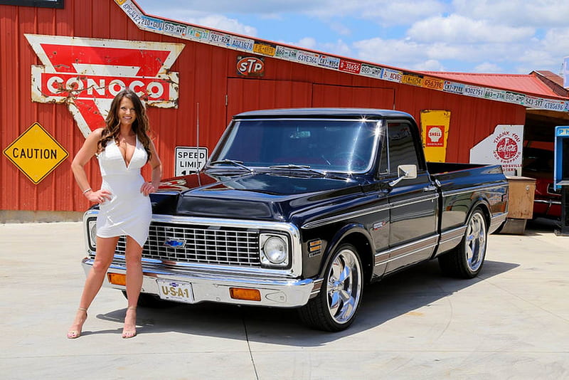 1969 Chevy C10 Pick Up and Girl, Old-Timer, Pick Up, C10, Truck, Chevy, Girl, HD wallpaper