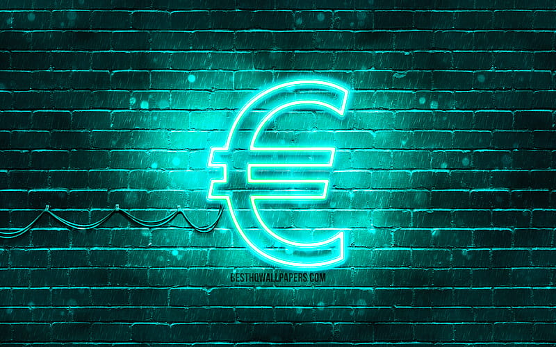 Euro turquoise sign turquoise brickwall, Euro sign, currency signs, Euro neon sign, Euro, HD wallpaper