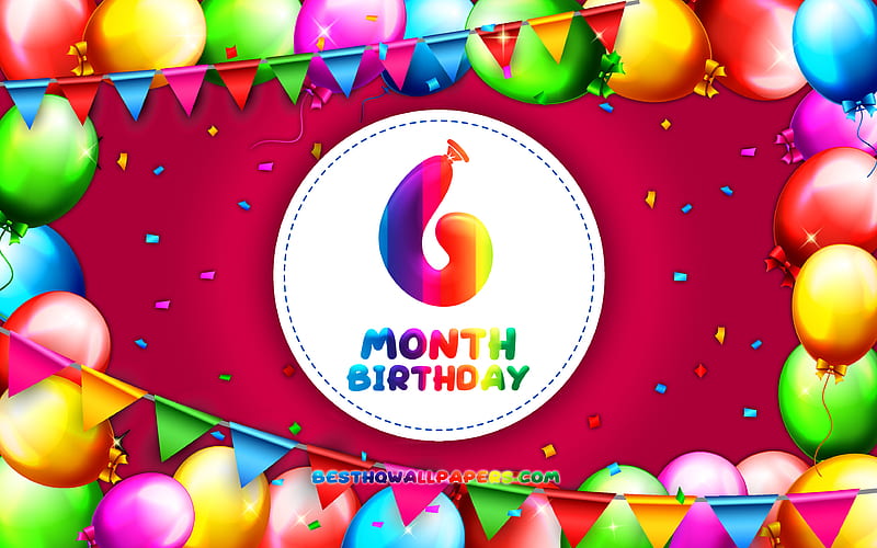 Happy 6th Month birtay colorful balloon frame, 6 month of my little girl, purple background, Happy 6 Month Birtay, creative, 6th Month Birtay, Birtay concept, 6 Month Daughter birtay, HD wallpaper