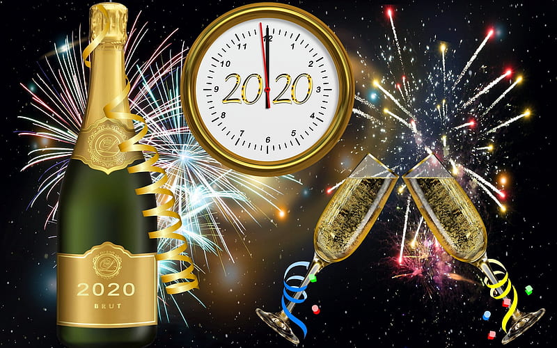 2020 New Years Countdown, clocks, countdown, celebration, 2020, wine bottle, HD wallpaper
