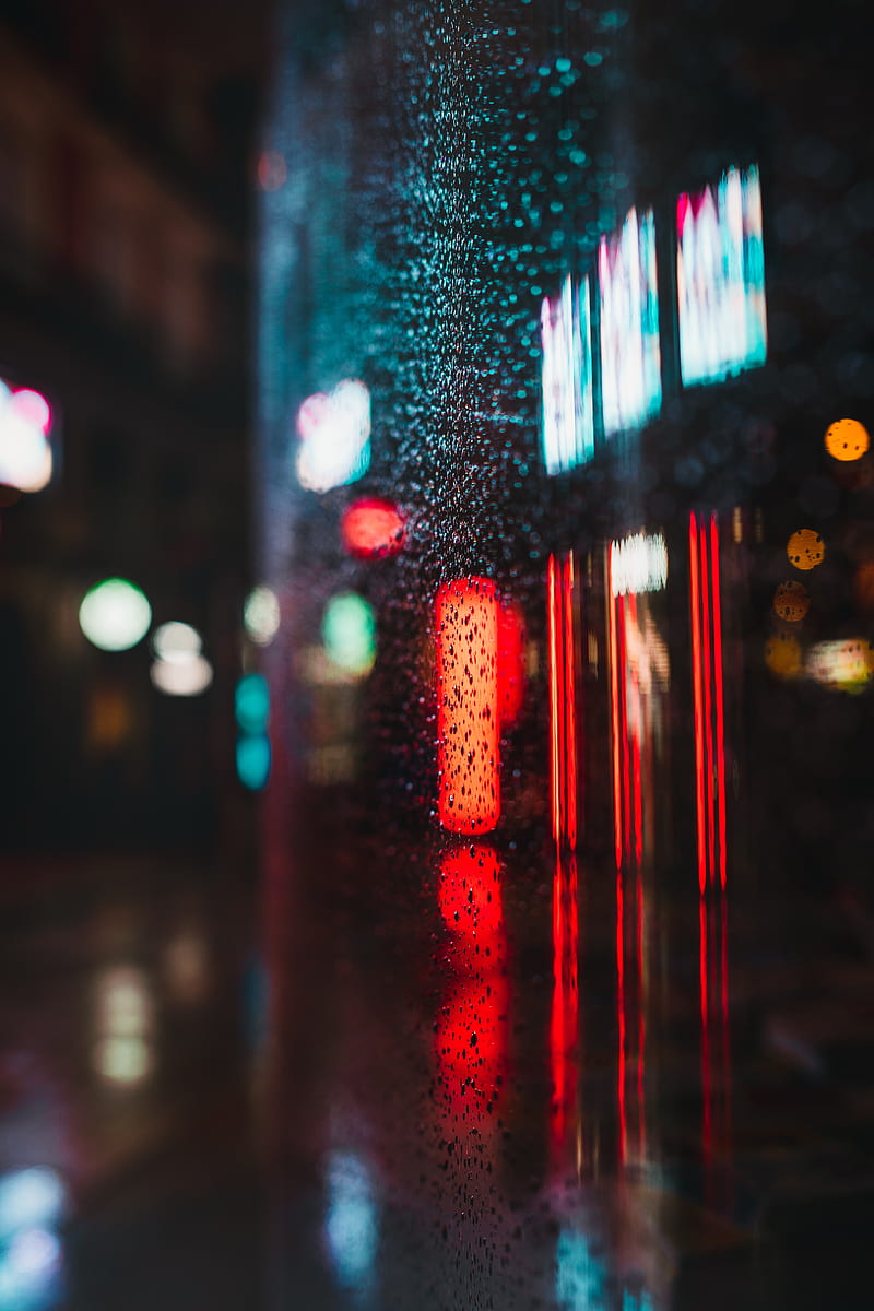 glass, drops, neon, lights, reflection, HD phone wallpaper