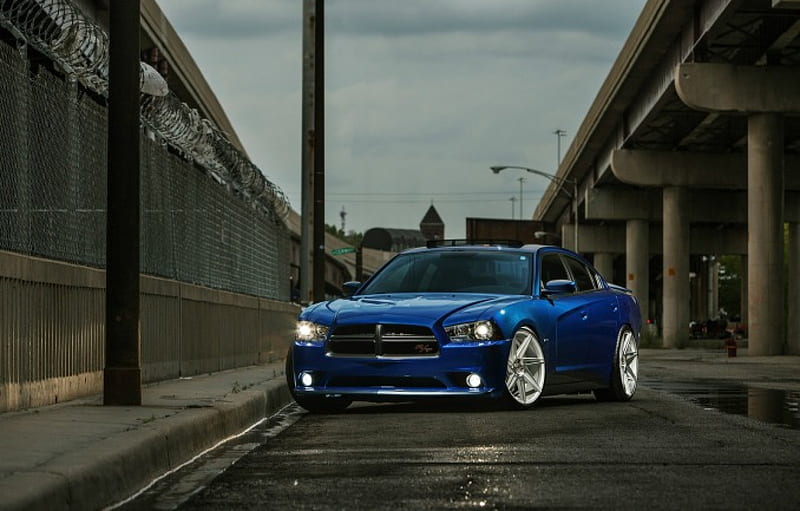 Dodge-Charger-RT, Custom Wheels, Blue, RT, Mopar, HD wallpaper