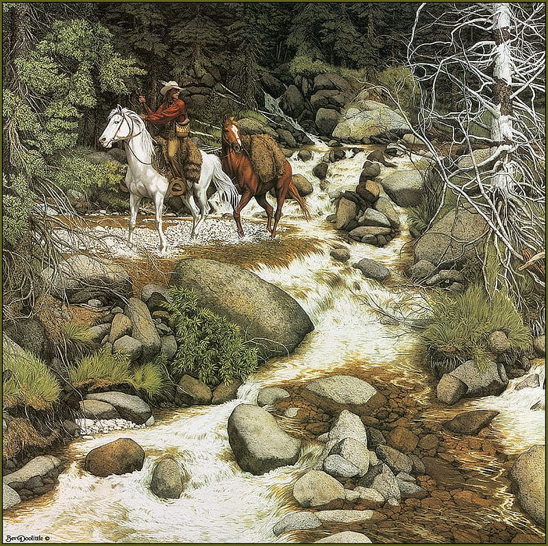 Riding Through The Woods, wilderness, rocks, art, painting, river, horse, cowboy, HD wallpaper
