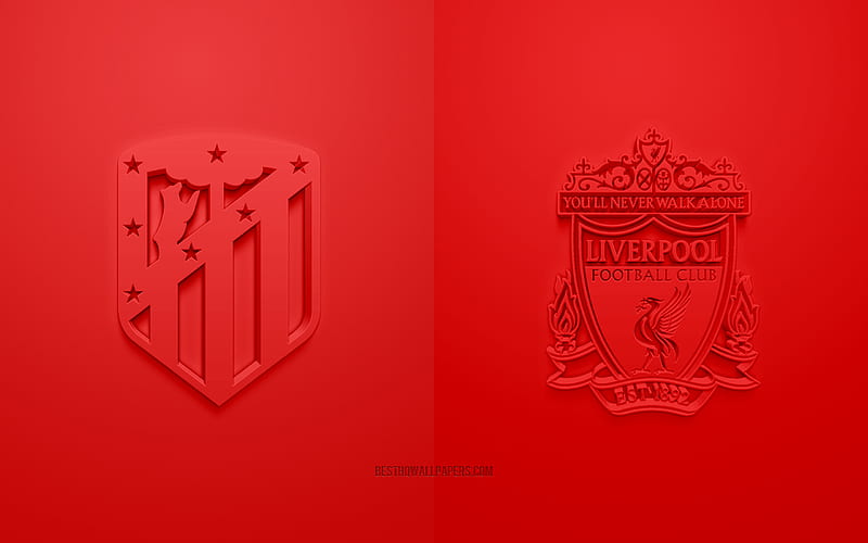 Atletico Madrid vs Liverpool FC, UEFA Champions League, 3D logos, promotional materials, red background, Champions League, football match, Atletico Madrid, Liverpool FC, HD wallpaper