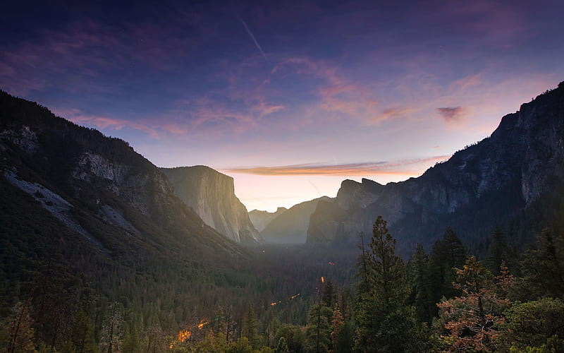 Yosemite Valley, sunset, autumn, forest, mountains, USA, Yosemite National Park, Sierra Nevada, America, HD wallpaper