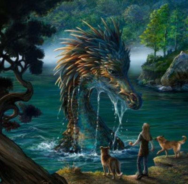 Sea Dragon Rising, rising, water, girl, watching, dragon, dog, HD wallpaper