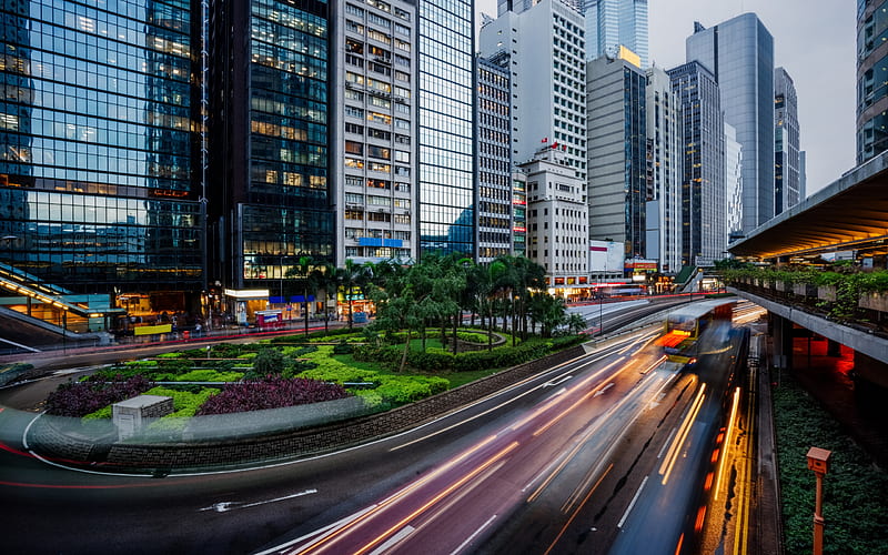 Hong Kong, streets, metropolis, road, car lights, skyscrapers, modern buildings, China, HD wallpaper