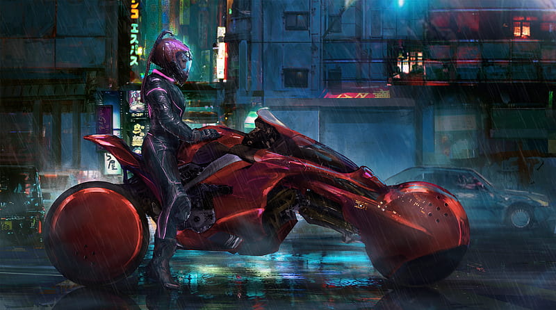 Download 1920 X 1080 Gaming Cyberpunk Woman With Motorcycle Wallpaper