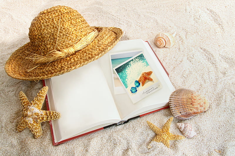 Summer on the beach ...., pretty, bonito, sea snail, beach, graphy, nice, calm, sand, beauty, star, harmony, vacation, exotic, lovely, mussel, relax, notebook, hat, cool, cards, shell, peaceful, summer, nature, HD wallpaper