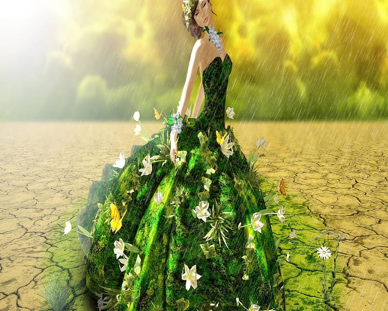 Spring Begining, fantasy, dress, green, flowers, woman, HD wallpaper