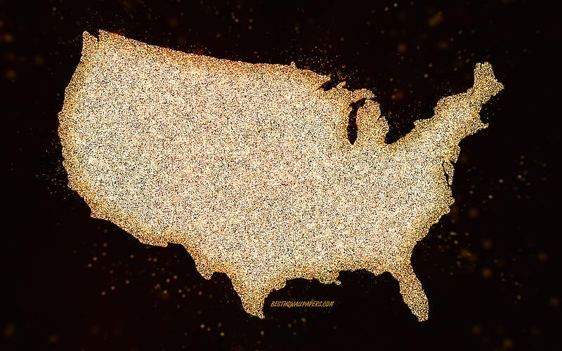 USA glitter map, black background, USA map, yellow glitter art, Map of USA, creative art, USA yellow map, USA, HD wallpaper
