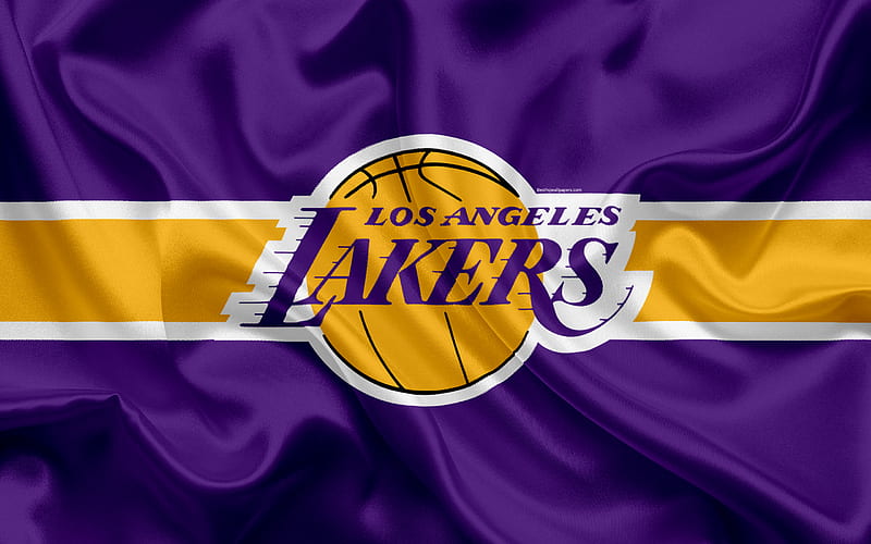 Los Angeles Lakers, basketball club, NBA, emblem, new logo, USA, National Basketball Association, silk flag, basketball, Los Angeles, California, US basketball league, Pacific Division, HD wallpaper