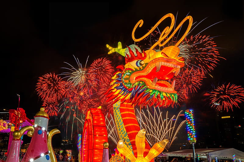 Holiday, Chinese New Year, Dragon, Fireworks, HD wallpaper