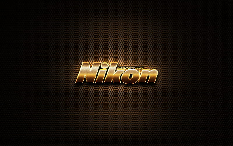 Nikon glitter logo, creative, metal grid background, Nikon logo, brands, Nikon, HD wallpaper