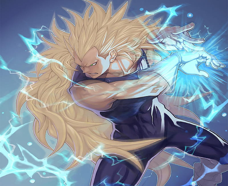 Super Saiyan III Vegeta, male, dbz, super saiyan, dragonballz, ssj3, saiyan, green eyes, blonde hair, electricity, dragonballz kai, vegeta, gloves, lightning, spiky hair, anime, long hair, HD wallpaper