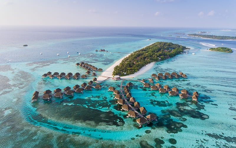 overwater bungalow, Maldives, ocean, resort, tropical islands, seascape, HD wallpaper