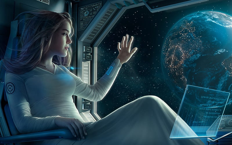 Girl in Space, Earth, window, girl, space, HD wallpaper