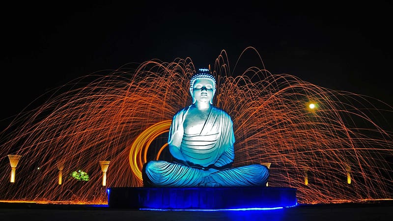 Night, Buddha, Statue, Fireworks, India, Religious, Garden Of Silence, HD wallpaper