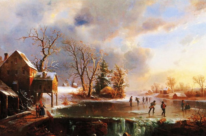 Ice Skating, pond, people, houses, village, trees, artwork, winter, HD wallpaper