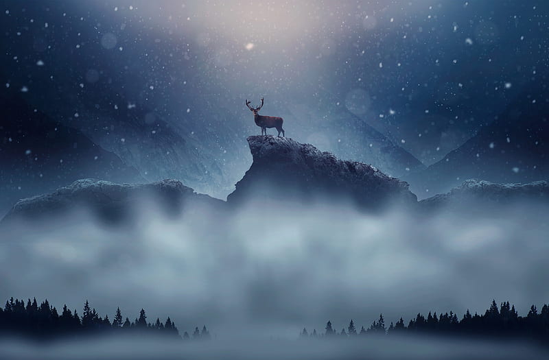 Christmas Deer Ultra, Holidays, Christmas, Winter, Fantasy, Forest, Mist, Mountains, Foggy, Deer, Snowing, digitalart, newyear, HD wallpaper