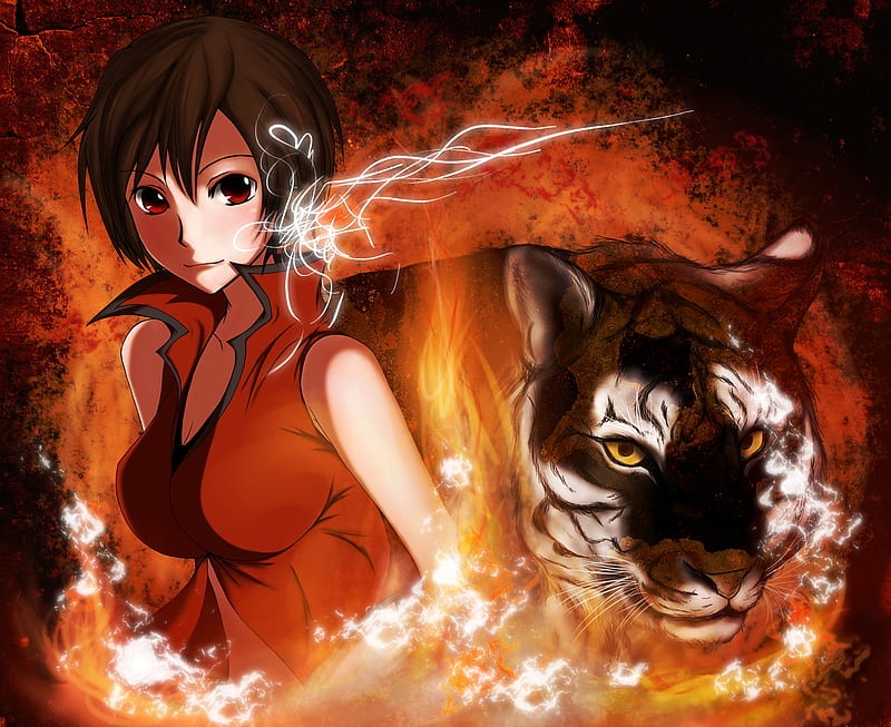 Eye of the Tiger, red, female, tiger, abstract, sexy, animal, cute, fire, fantasy, 3d, flame, girl, anime, hot, anime girl, HD wallpaper
