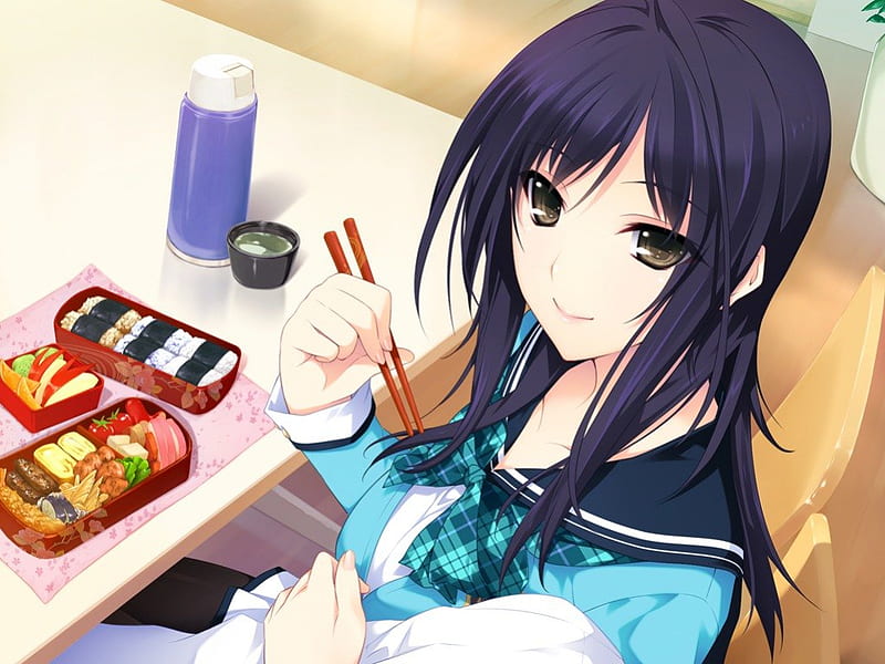 SuShi, table, female, delicious, food, hungry, brown eyes, sexy, cute, lunch, girl, chopsticks, anime, hot, anime girl, long hair, HD wallpaper