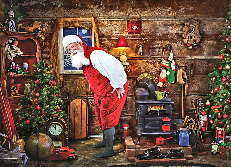 Santa Warming Up F1, Christmas, art, holiday, December, clock, bonito, stove, Santa, illustration, artwork, painting, wide screen, occasion, scenery, HD wallpaper