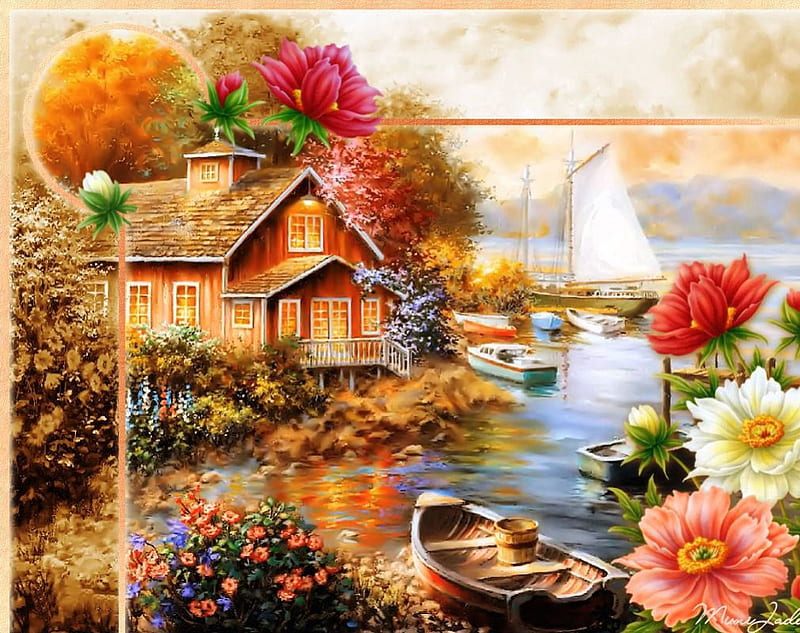 Paradise Cottage, boats, flowers, blossoms, colors, nature, trees, lake, artwork, HD wallpaper Paradise Cottage, boats, flowers, blossoms, colors, nature, trees, lake, artwork, HD wallpaper