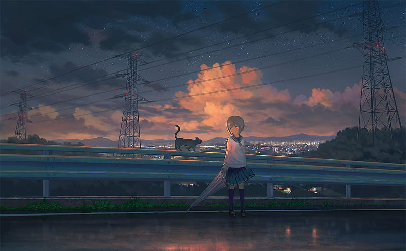 anime school girl and cat, road, clouds, school uniform, umbrella, Anime, HD wallpaper