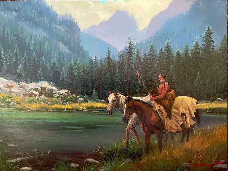 Prize Horse by Mark Keathley, artwork, native, horses, painting, man, trees, nature, mountains, HD wallpaper