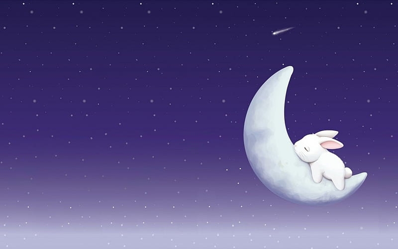 Good night, Bunny!, rabbit, moon, luminos, easter, sky, cute, fantasy, moon, bunny, white, star, blue, night, HD wallpaper