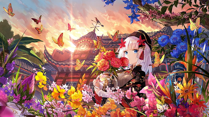 botanical garden, anime girl, butterflies, blue eyes, colorful flowers, Anime, HD wallpaper
