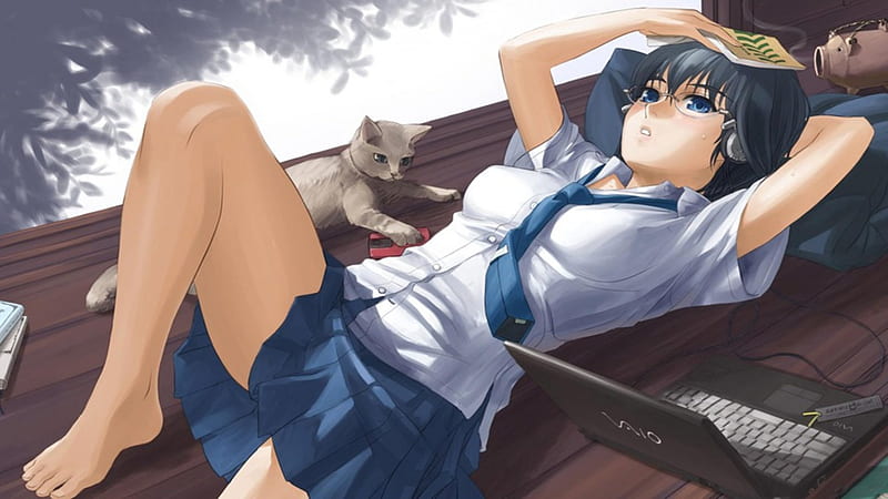 atractive cat, anime girl resting, cats, interesting moment, computer girls, HD wallpaper