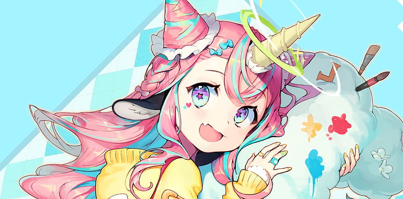 anime girl, pink hair, horn, braid, loli, fang, Anime, HD wallpaper
