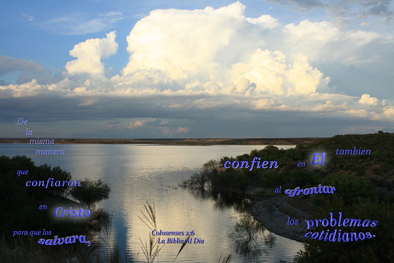 Confien en El con los Problemas, clouds, lake, water, shadows, Bible, evening, sky, HD wallpaper