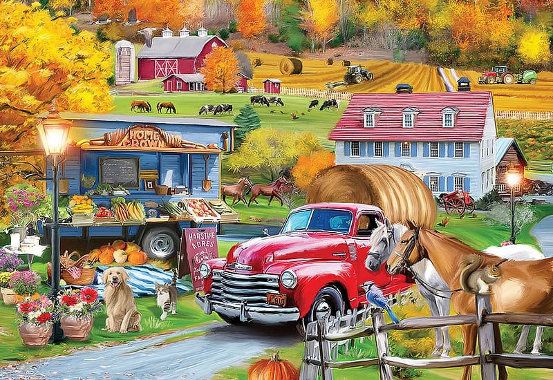 New England Fall Farm, village, dog, barn, house, car, cat, artwork, pumpkins, horses, painting, cows, store, autumn, trees, HD wallpaper