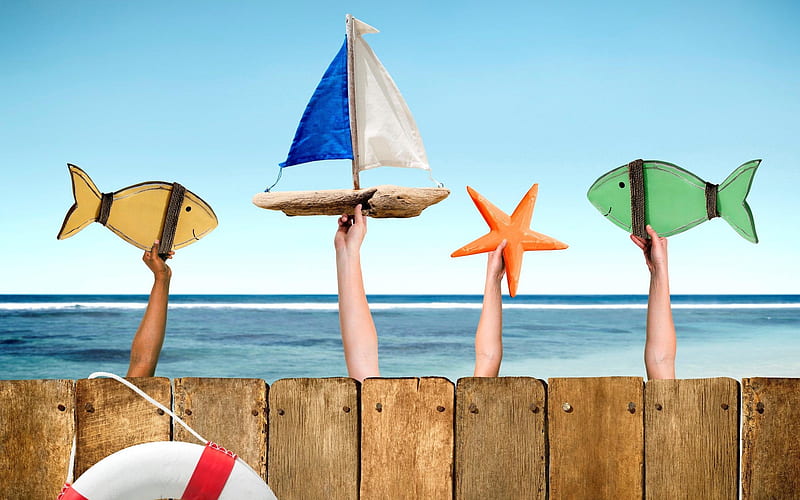 summer travel concepts, fence, hands, summer attributes, beach, sea, HD wallpaper