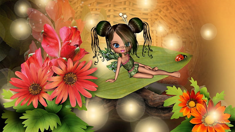 Little Green Fall Fairy, art, ladybug, blossoms, flowers, lights, HD wallpaper