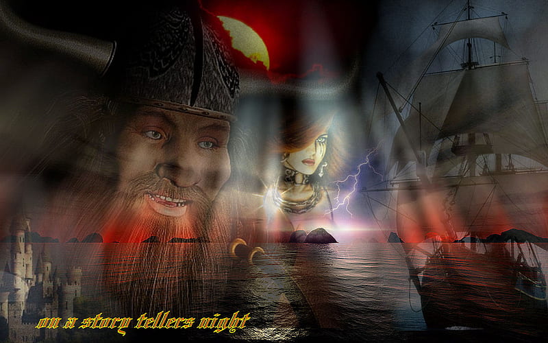 on a story tellers night, fantasy, storyteller, sailboat, viking, HD wallpaper
